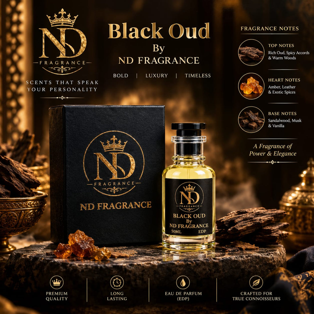 Black Oud by ND Fragrance 50ml Eau de Parfum bottle with box