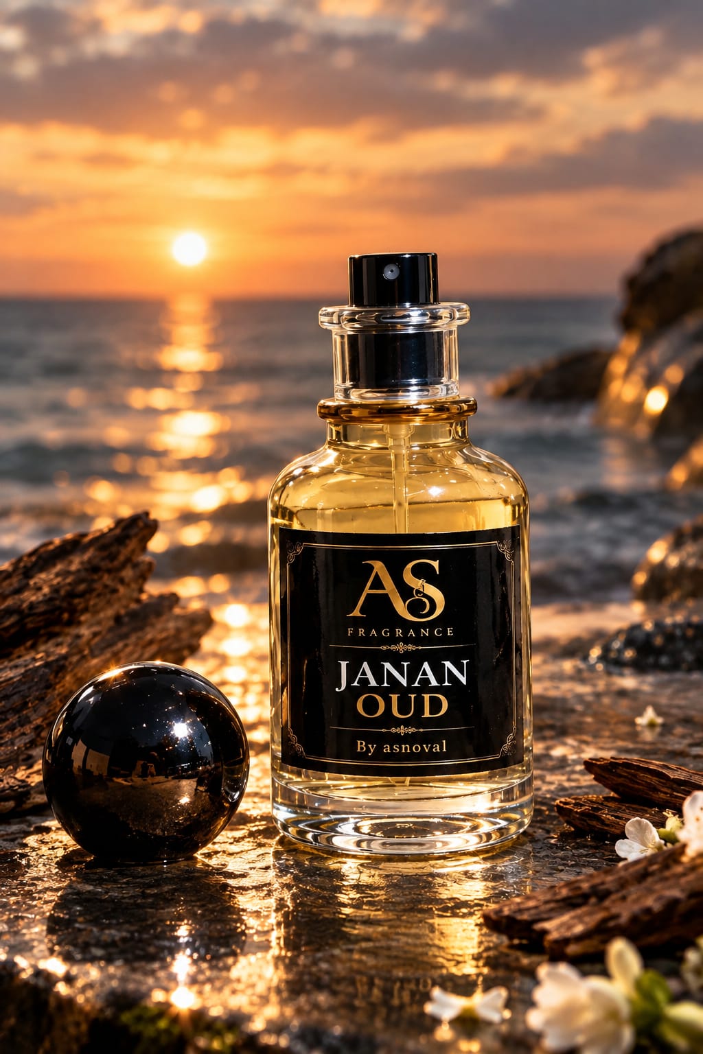 A bottle of AS Fragrance 'Javan Oud' perfume is displayed on a wet rocky shore at sunset, with a black spherical object and small white flowers in the foreground.
